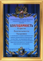 Благодарность от Межрегиональной общественной организации ветеранов боевых действий.